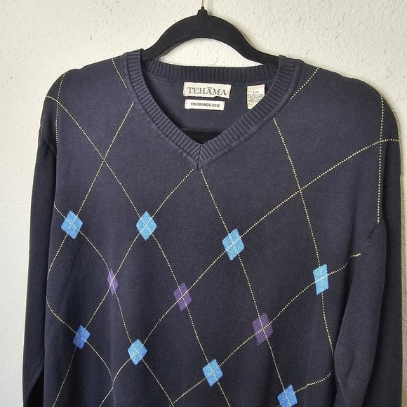 Tehama Silk Cashmere Blend Mens Argyle Sweater Size Large‎ Navy Blue V Neck - Picture 2 of 10